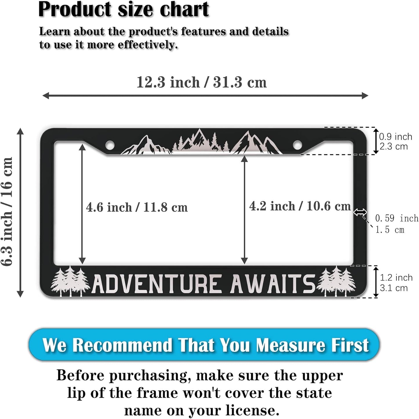 License Plate Frames Black and White License Plate Frame Adventure Awaits Universal Aluminum Car Accessory 2 Pack with Screw Covers Set