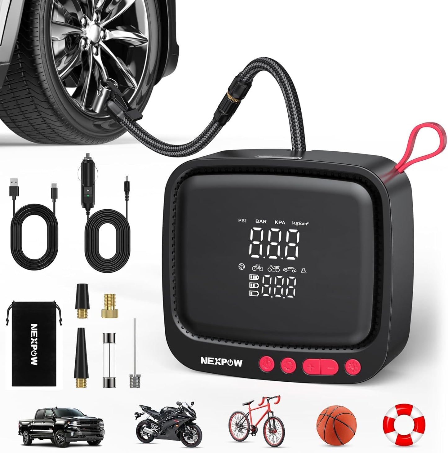 NEXPOW Tire Inflator Portable Air Compressor, 180 PSI Cordless Air Pump for Car Tires with Dual Digital Pressure Gauge & Auto Shut-Off, Portable Tire Pump for Car, Motorcycle, Bicycle, Ball and More