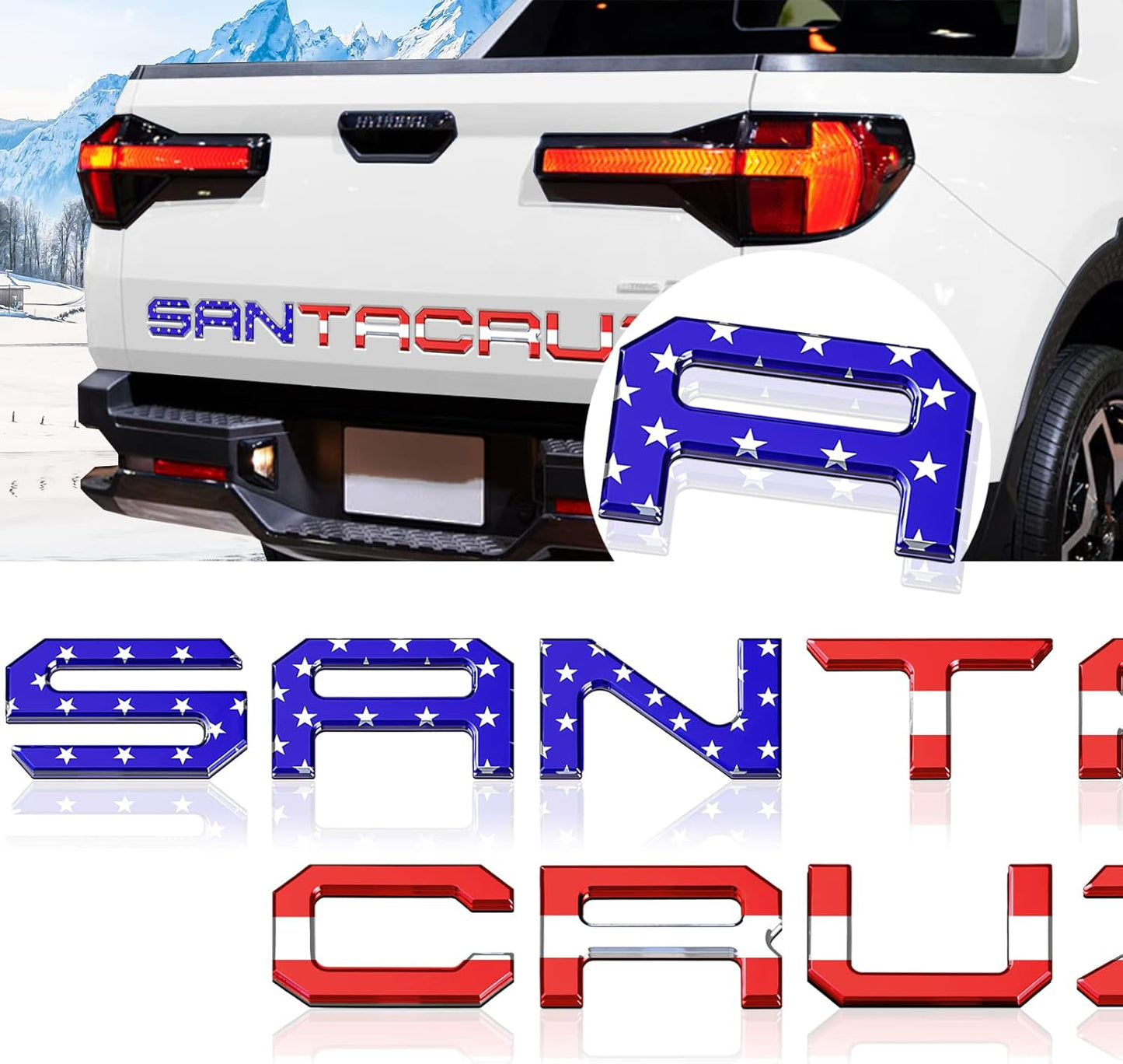 Tailgate Inserts Letters Compatible for 2022 2023 2024 2025 Santa Cruz 3D Raised & Strong Adhesive Decals Letters Rear Emblem Decal Sticker Compatible for Santa Cruz Accessories-American Flag