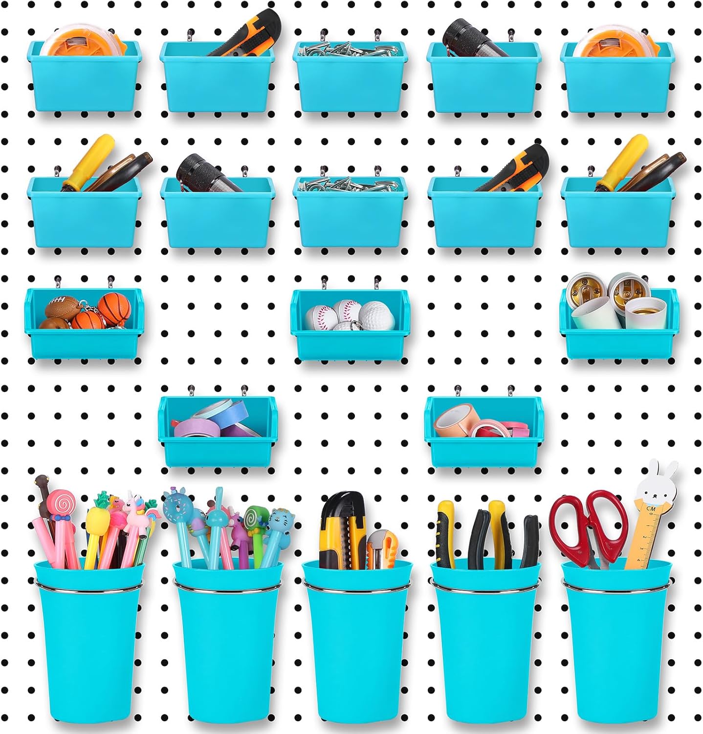 Yookeer 20 Pcs Pegboard Bins and Cups with Hooks and Loops Peg Assortment Organizer Accessories Various Tool Organizer Pegboard Baskets Set for Garage Workshop Workbench Office(Blue)