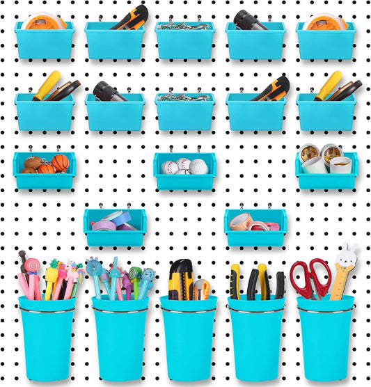 Yookeer 20 Pcs Pegboard Bins and Cups with Hooks and Loops Peg Assortment Organizer Accessories Various Tool Organizer Pegboard Baskets Set for Garage Workshop Workbench Office(Blue)
