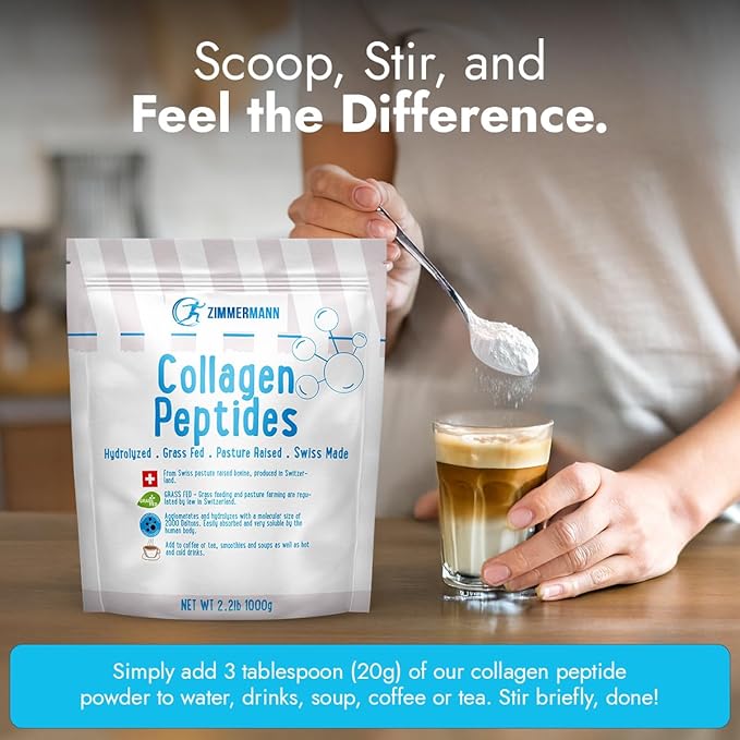 Zimmermann Collagen Peptides Powder 2.2lb 1000g, Produce of Switzerland, Grass Fed, Hydrolyzed, Unflavored, for Women & Men - Hair, Skin, Nail, & Joint Support, Keto, Type I and III.