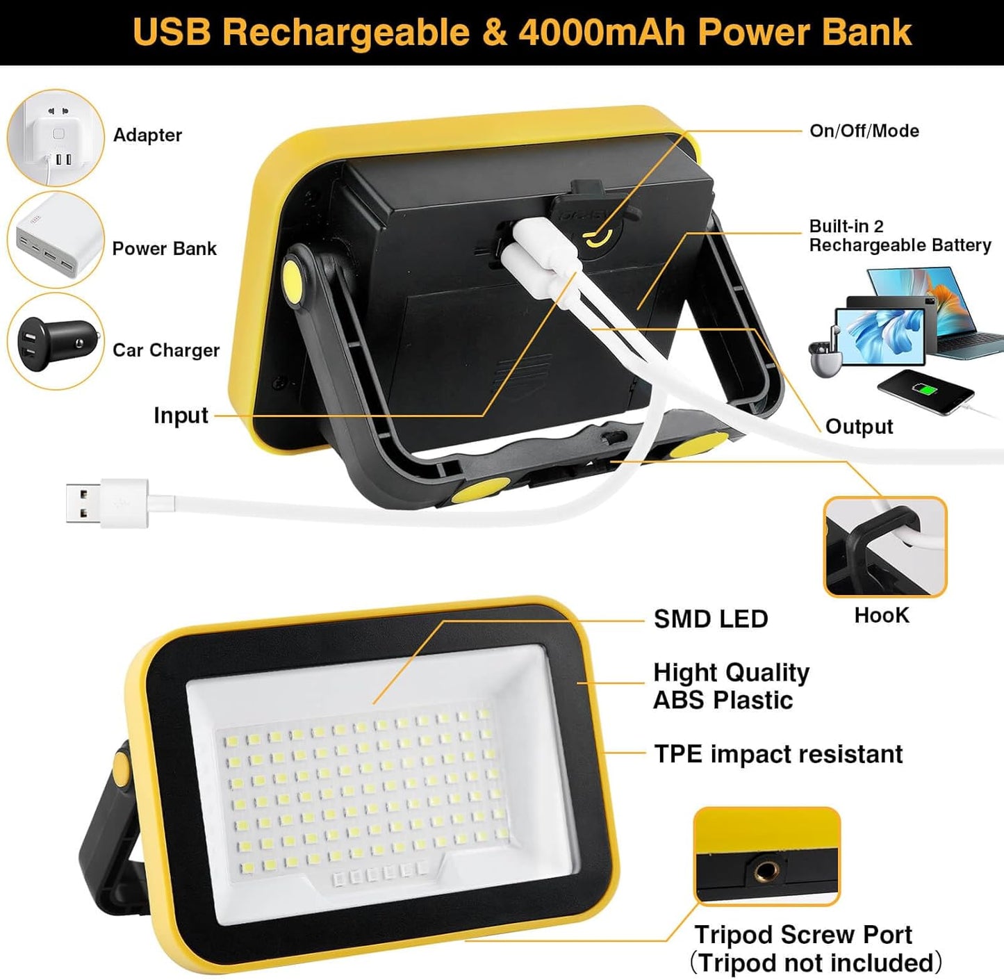 Rechargeable Work Light with Tripod Hole, 40W Portable Flood Light Battery Powered, Waterproof LED Work Lights Cordless Job Site Lighting 180° Rotate for Garage Camping Car Repairing