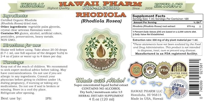 Rhodiola Alcohol-Free Liquid Extract, Organic Rhodiola (Rhodiola Rosea) Dried Root Glycerite 2 oz