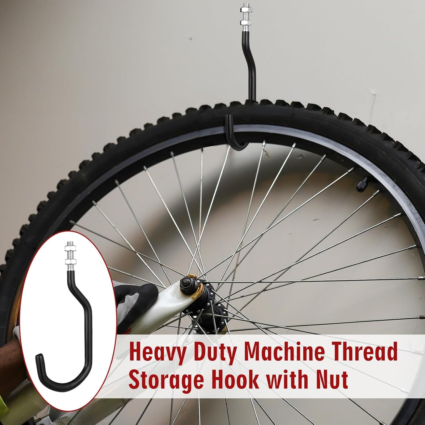 Shimeyao 4 Pcs Machine Thread Bicycle Storage Hook with Nut Heavy Duty Bike Hooks M10 x 1.5 Machine Threading Hook Rubber Coated Bicycle Hanger for Hanging Large Mountain Bike Tire (3.15 Inch,Black)