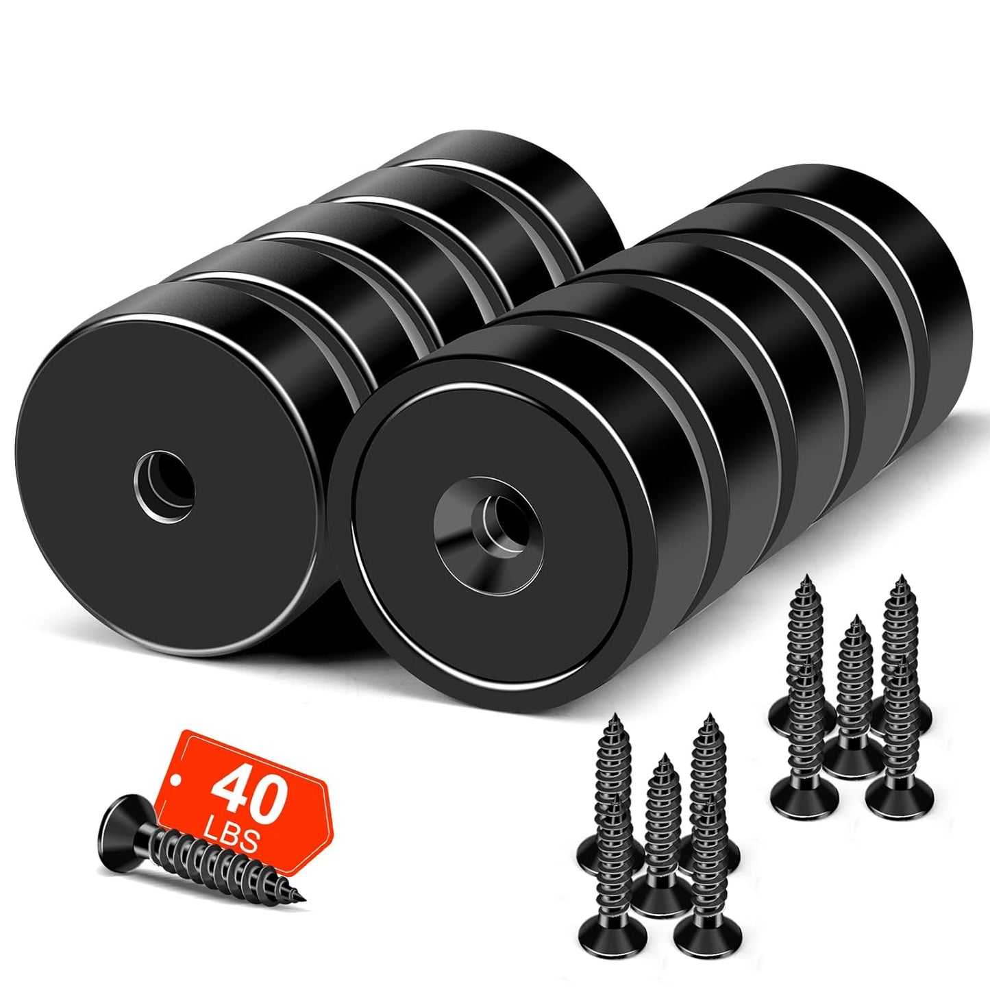 MIKEDE Strong Magnets Heavy Duty, 40LB Strong Rare Earth Magnets, Black Neodymium Cup Magnet with Countersunk Hole and Steel Screws, Powerful Pot for Wall Mounting,Workplace - 10 Pack