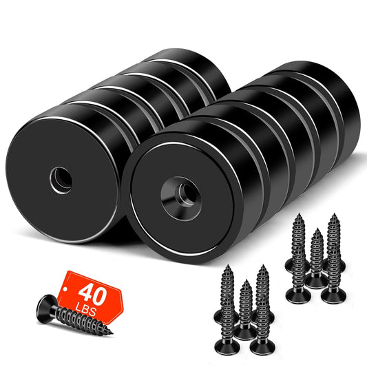 MIKEDE Strong Magnets Heavy Duty, 40LB Strong Rare Earth Magnets, Black Neodymium Cup Magnet with Countersunk Hole and Steel Screws, Powerful Pot for Wall Mounting,Workplace - 10 Pack