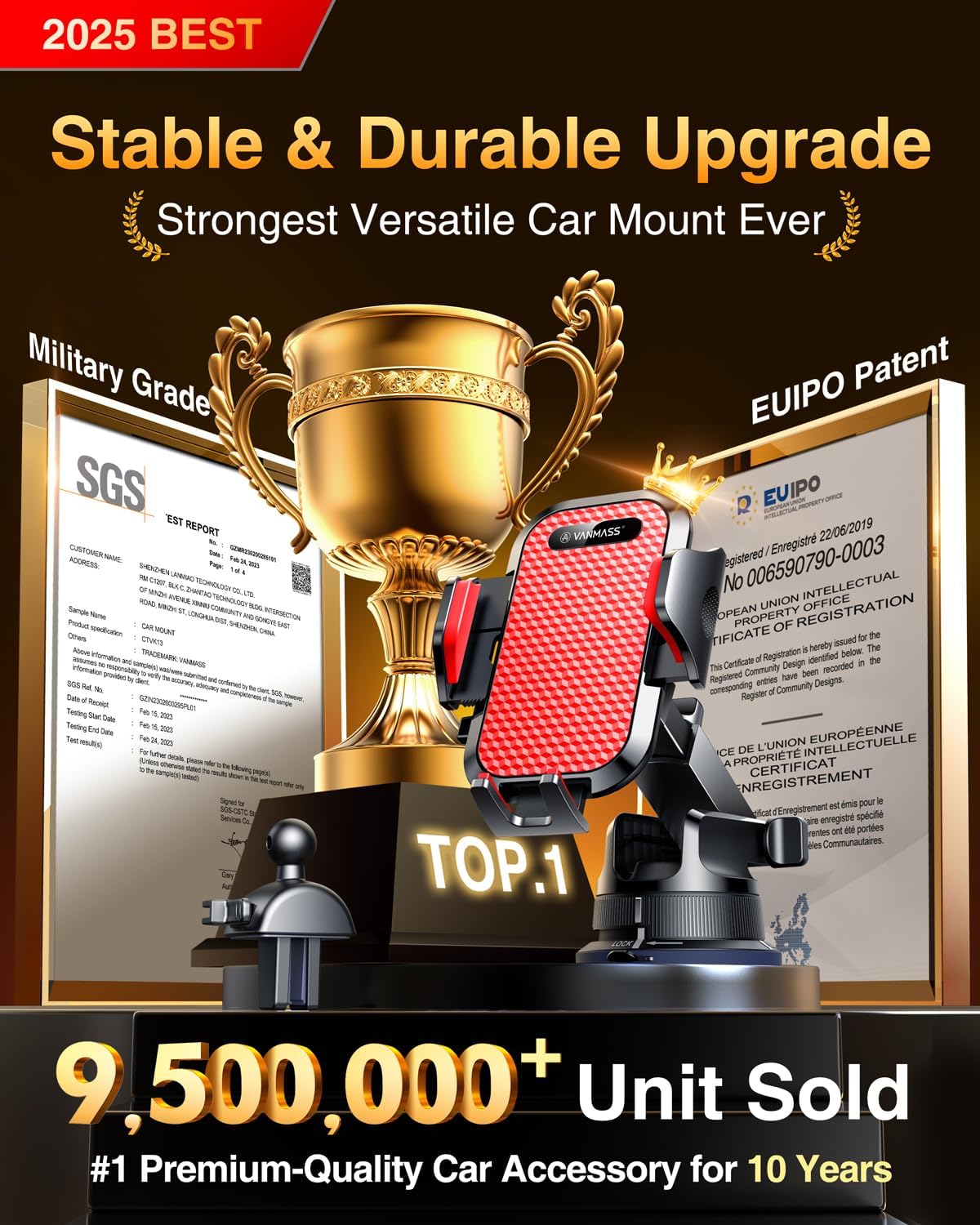 VANMASS [Pro Version] Universal Car Phone Mount [Super Suction Cup] Dashboard Phone Holder, Handsfree Windshield Dash Vent Phone Holder Car, Compatible for iPhone 16 15 14 13 Samsung LG & Truck,Red