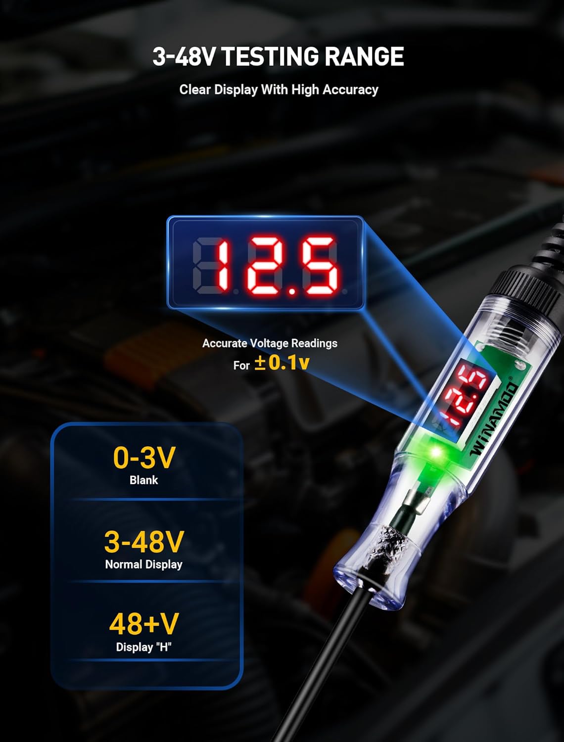 Automotive Test Light with 3-48V LED Digital Voltage Display, Auto Circuit Tester with Voltmeter & Dual Color Polarity Indicate, Electric Test Pen w/Stainless Probe for Car/Truck/SUV Checker