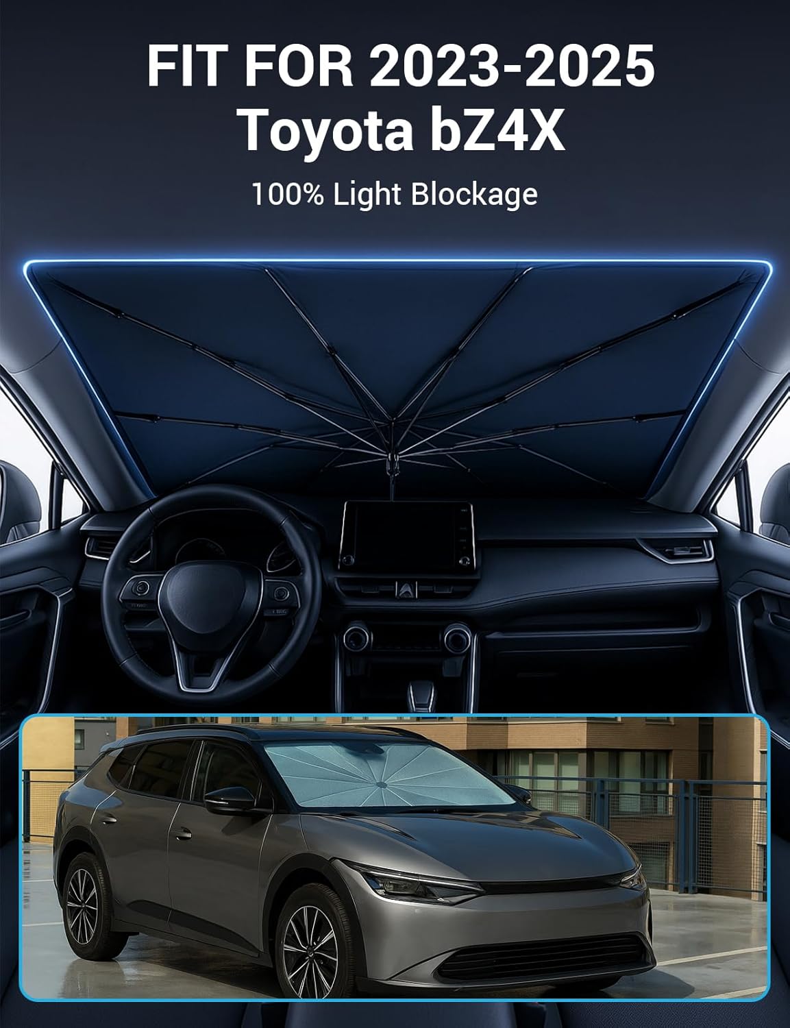 Proadsy Windshield Sun Shade Umbrella for Toyota bZ4X 2023-2025 2026 Foldable Car Umbrella Sunshade with Soft TPU Handle Spring Structure Crystal Cooling Material Protect Car from Rays & Heat