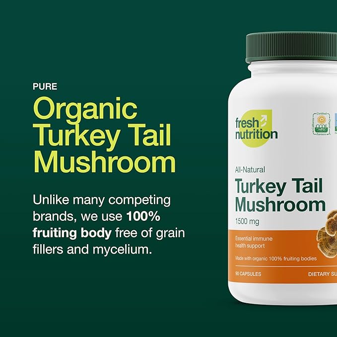 Fresh Nutrition Organic Turkey Tail Mushroom Extract Supplement - High in Beta Glucans – Non-GMO, Vegan Friendly, Gluten-Free - 90 Capsules