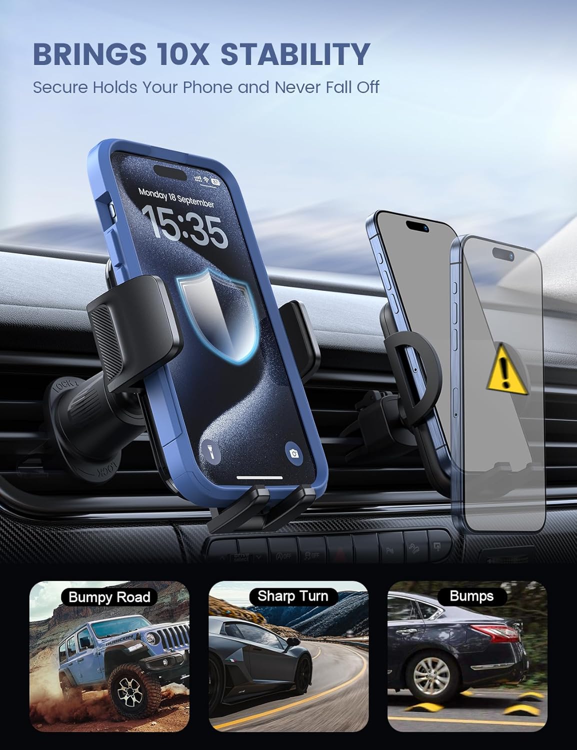 Lamicall 2025 Wider Clamp & Metal Hook Car Phone Holder Vent [Thick Cases Friendly] Phone Holders for Your Car Mount Automobile Hands Free Cradle Vent for iPhone 15 14 13 Pro Max (Lucite Black)