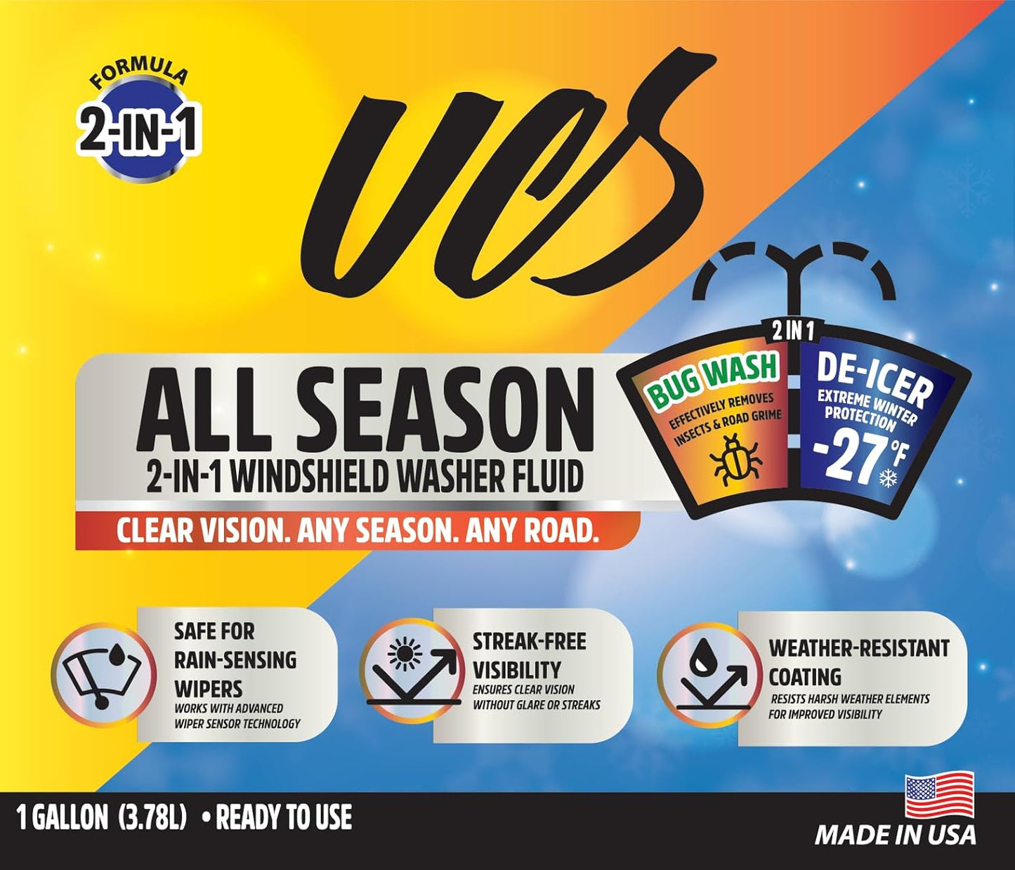 UCS Advanced All-Season Windshield Washer Fluid | Winter Protection to -27°F | 2-in-1 Bug Wash & Water Beading Technology | Streak-Free Visibility | Safe for Rain-Sensing Windshields | 1 Gallon
