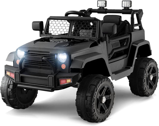 OLAKIDS Kids Ride On Truck, 12V Electric Vehicle Jeep Car with Remote Control, Toddlers Battery Powered Toy with 2 Speeds, Spring Suspension, Double Open Doors, LED Lights, Music, TF, USB, Mp3 (Black)