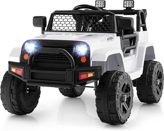 Costzon Ride on Car, 12V Battery Powered Truck Vehicle with Remote Control, Spring Suspension, Headlights, Music, Horn, MP3, USB & Aux Port, Gift for Boys Girls, Electric Car for Kids (White)