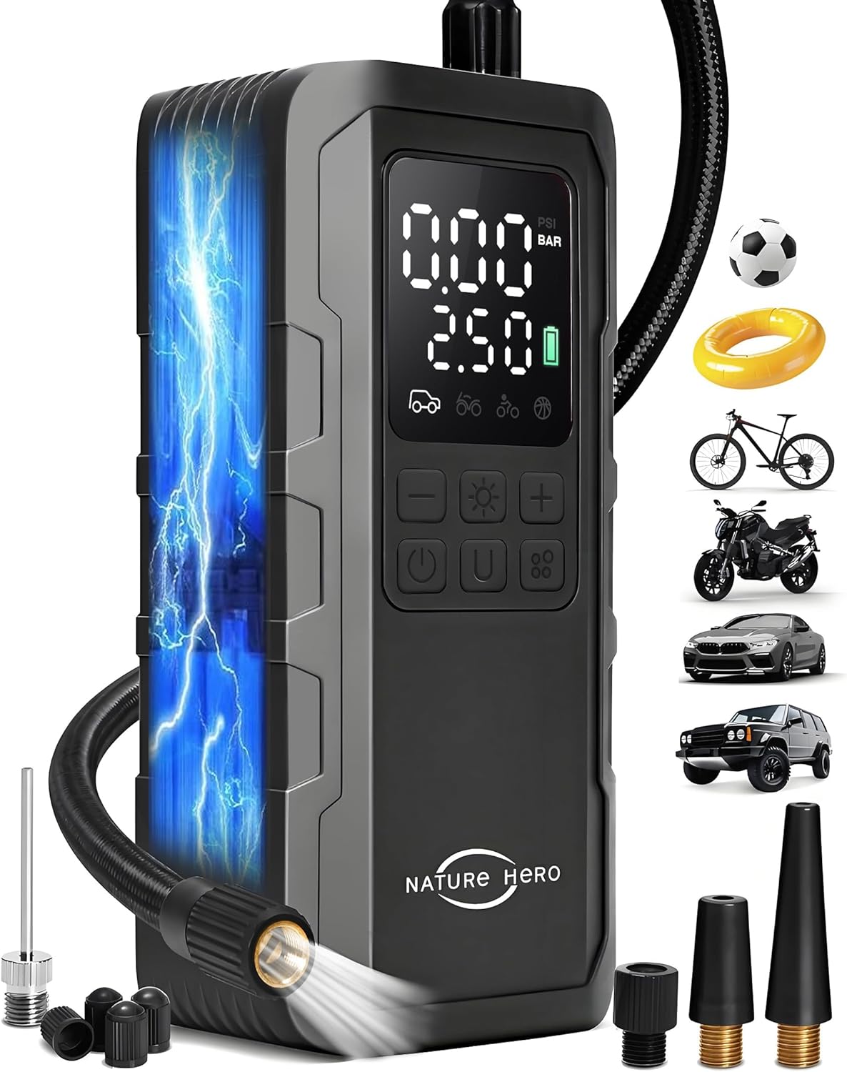 Tire Inflator Portable Air Compressor and Power Bank - 150PSI Compressor Portable Tire Inflator for Car, Motorcycle, Bicycle, Balls - Car Air Pump，Black
