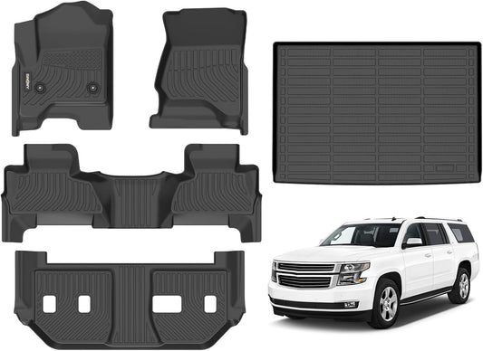 GINOWY-Floor Mats & Cargo Liner for Chevy Suburban/GMC Yukon XL 2015-2020 (2nd Row with Bench Seat), TPE All Weather Suburban Car Mats, Custom Non-Slip Trunk Mat Liners Suburban Accessories Black