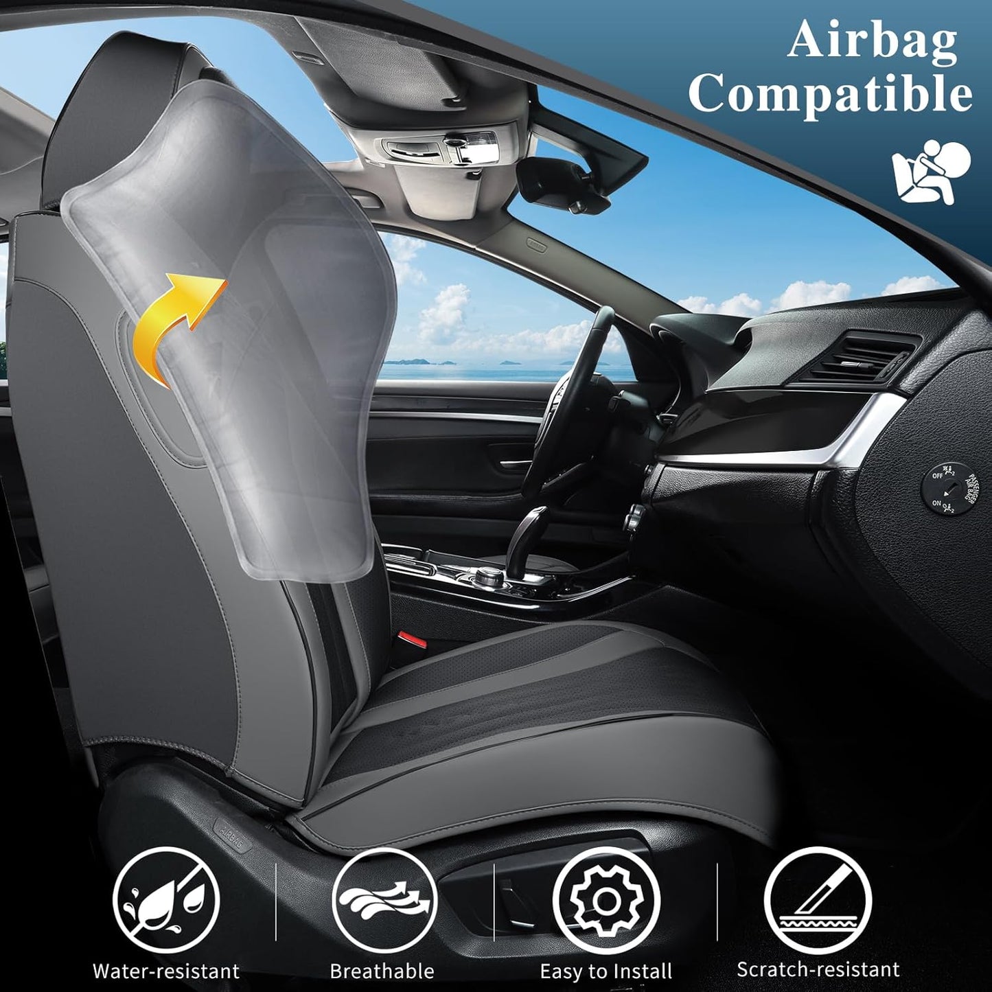 Car Seat Covers Full Set, Leather Seat Covers for Cars, Car Seat Protector Waterproof, Non-Slip Car Interior Covers Fit for Most Cars, SUV, Vans, Trucks,5Seaters,Full Set,Gray-Black,COMFDRIVE-A03