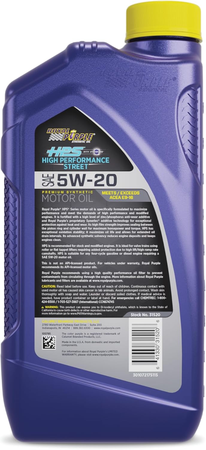 Royal Purple (36520-6PK HPS 5W-20 Synthetic Motor Oil with Synerlec Additive Technology - 1 Quart, (Case of 6)