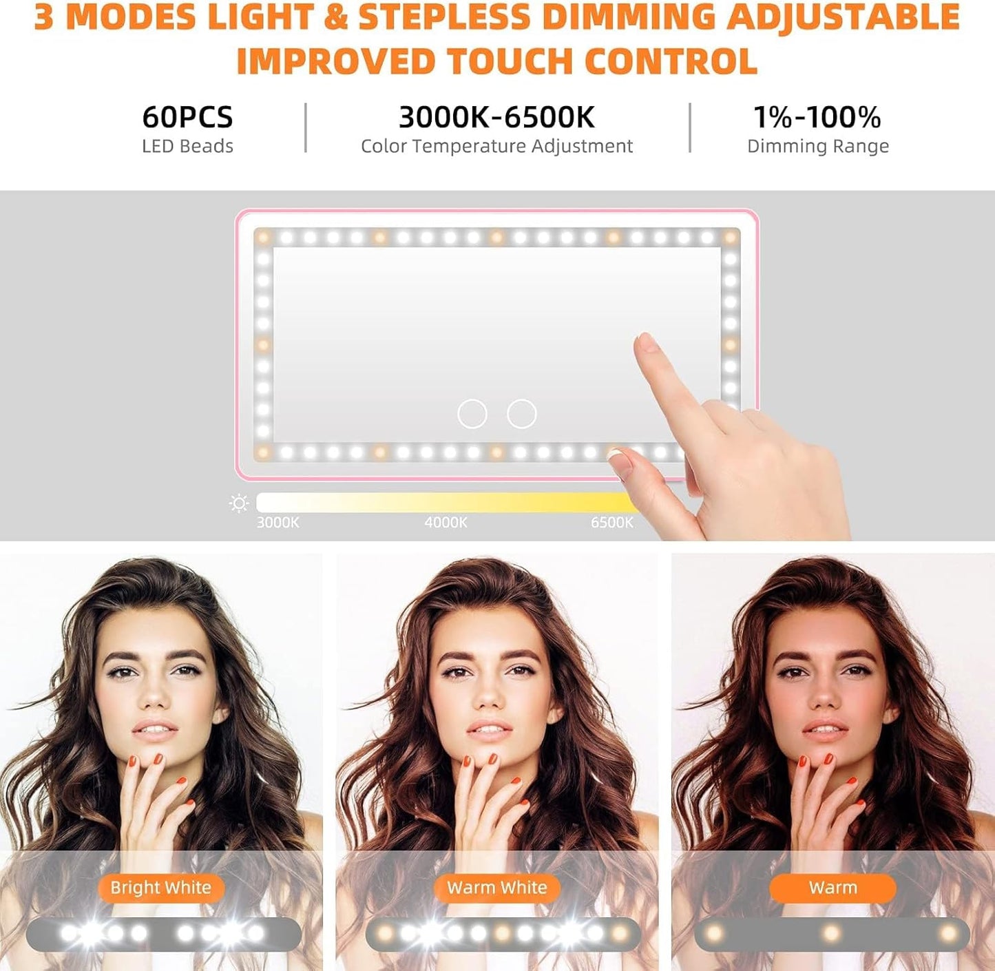 Car Sun Visor Vanity Mirror with 3 Light Modes & 80 LEDs - Dimmable Clip-on Rear View Sun-Shading Cosmetic Mirror with Touch on Screen, Universal for Truck SUV (Pink)