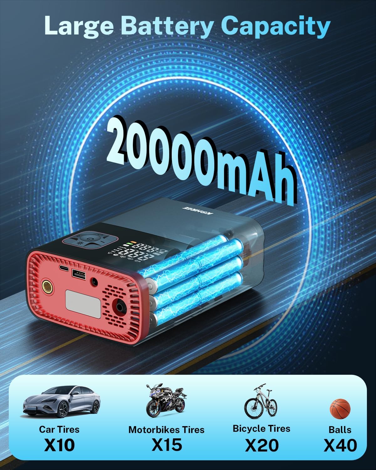 Kohree Tire Inflator Portable Air Compressor, 58LPM Faster Dual Cylinder Air Pump for Car Tires, Pickup Trucks & Large Tires, 150 PSI & 20000mAh Cordless Electric Air Pump with Pressure Detection