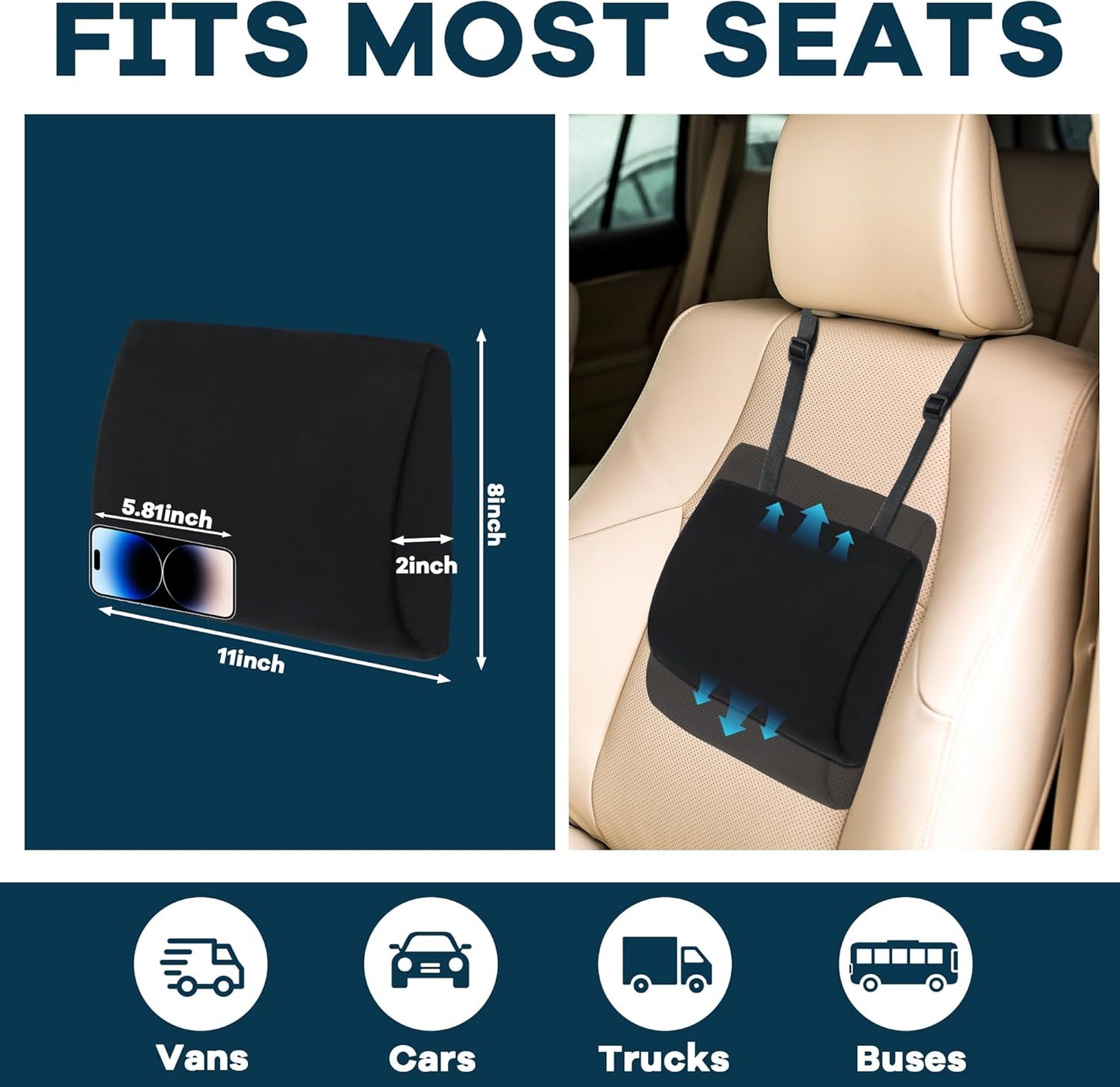 ROYALAY Lumbar Support Pillow for Car Seat Driver, Car Seat Cushions with Adjustable Straps for Driving Back Pain, Ergonomic Back Cushion with Removable Cover for Car, Computer, Gaming Chair, Recliner