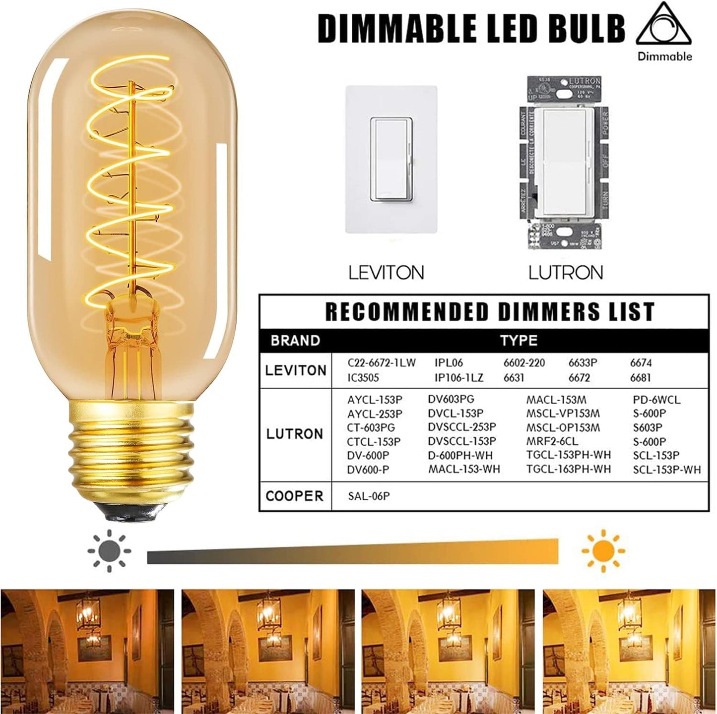 Vintage LED Spiral Filament Bulb T14, E26 Base, 4W Equivalent, 40W Warm White, 2200K, Dimmable, AC120V, 400LM, Amber Glass, Pack of 4