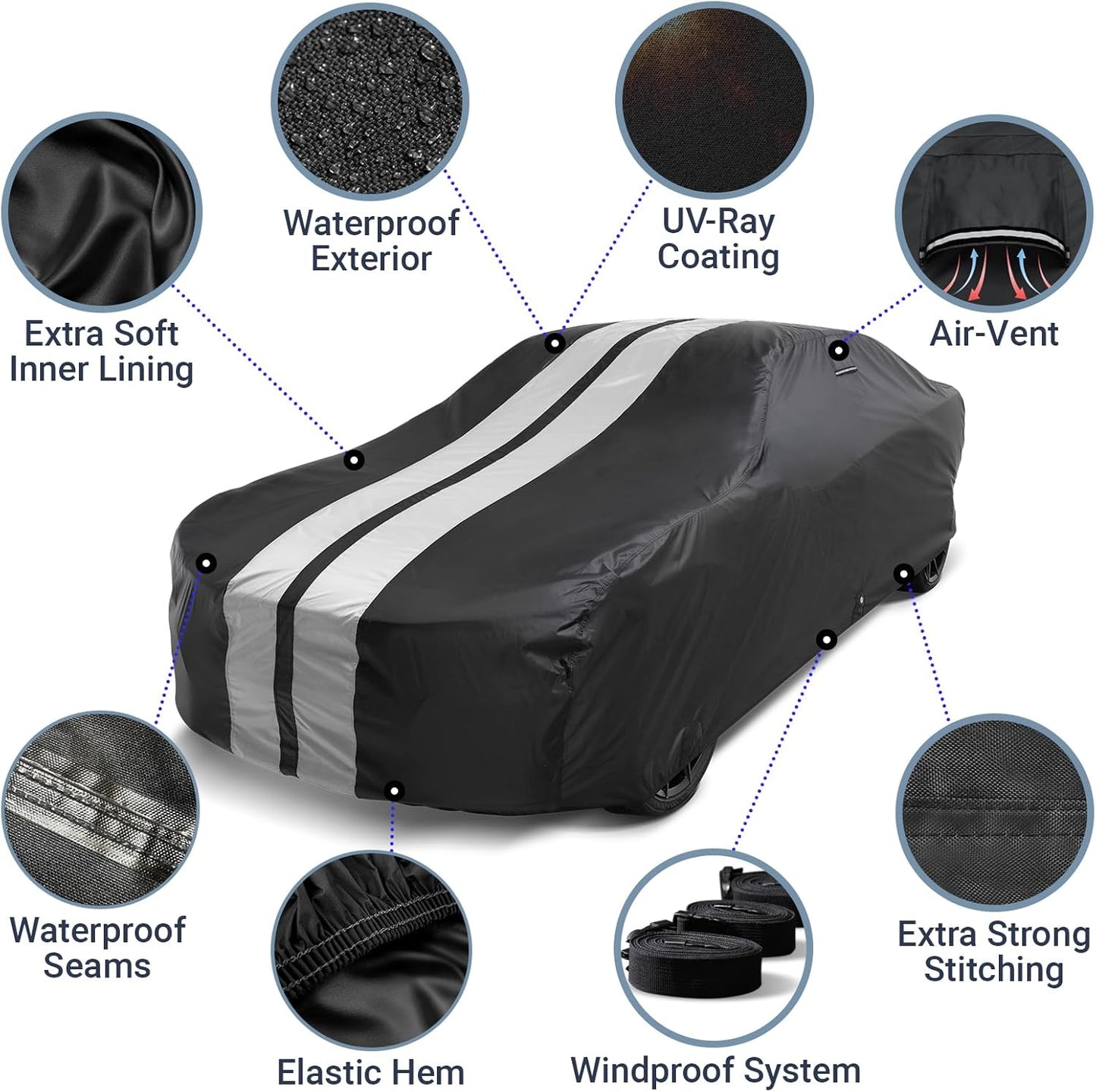 iCarCover Custom Car Cover for Buick Lesabre (1992-1999) Waterproof All-Weather Rain Snow UV Sun Protector Full Exterior Indoor Outdoor Car Cover (Stripe - Black/Gray)