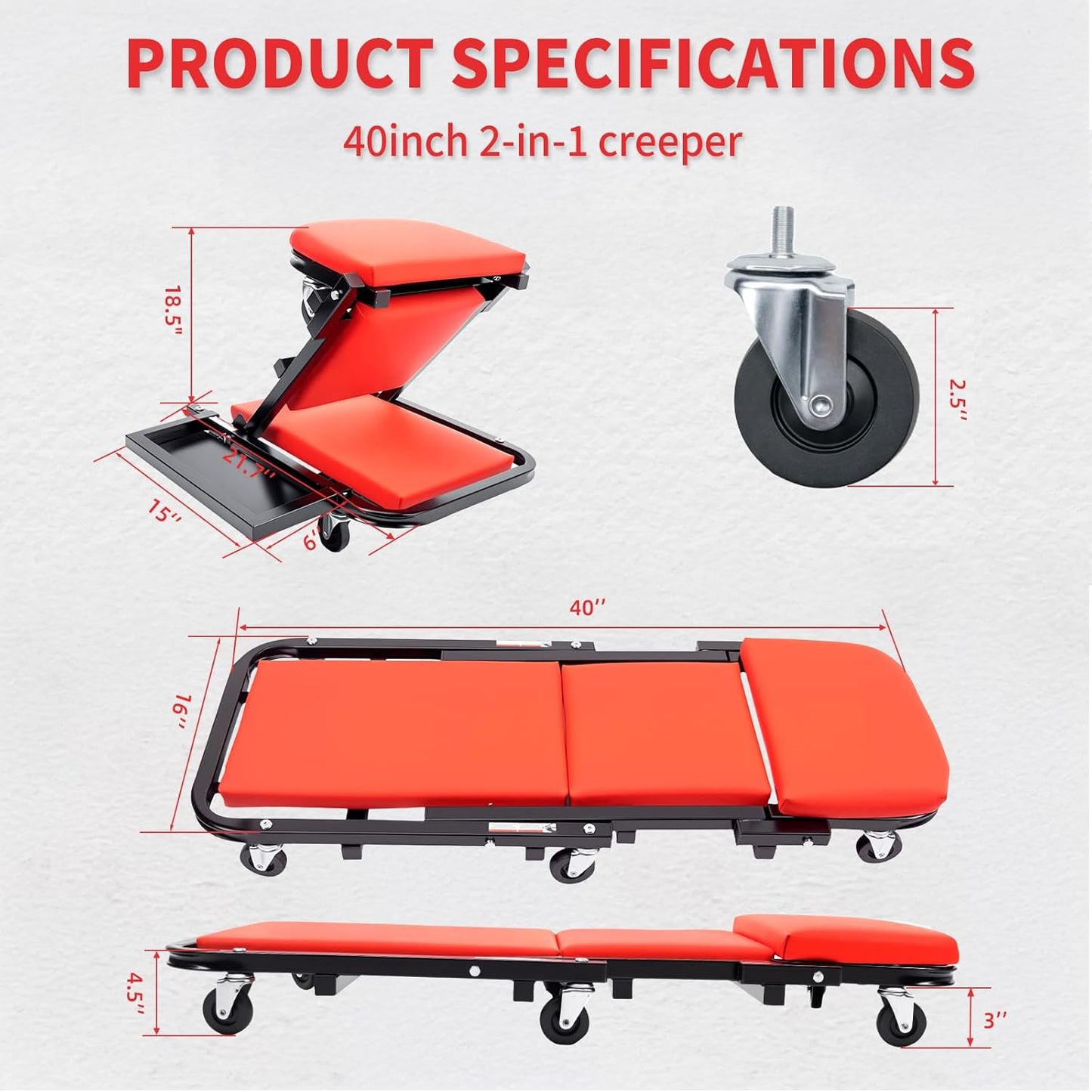 Mechanic Creeper 40 inches 2-in-1 Mode Z Seat with Tool Tray, 480lbs Capacity, Foldable Garage Adjustable Rolling with 6pcs Roller, Lay Down Sit Lean Back, Under Car Auto Repair Men Gift, Red