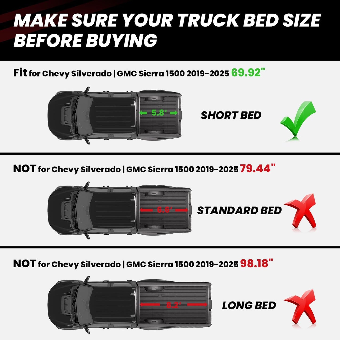 LASFIT Truck Bed Mat 2019-2025 for Chevrolet Chevy Silverado 1500 | GMC Sierra 1500 (Only Fit 5.8FT Bed), Bed Liner for Chevy Silverado GMC Sierra 1500, Not Fit Optional CarbonPro Bed