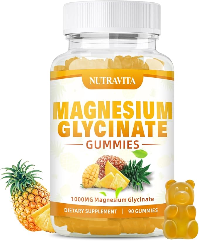Magnesium Glycinate Gummies 1000mg with Magnesium L-Threonate,Chelated Magnesium Potassium Complex Supplement with VitD, B6, CoQ10, Calcium,Supports for Memory, Calm, Mood - 90 Mango pineapple Gummies