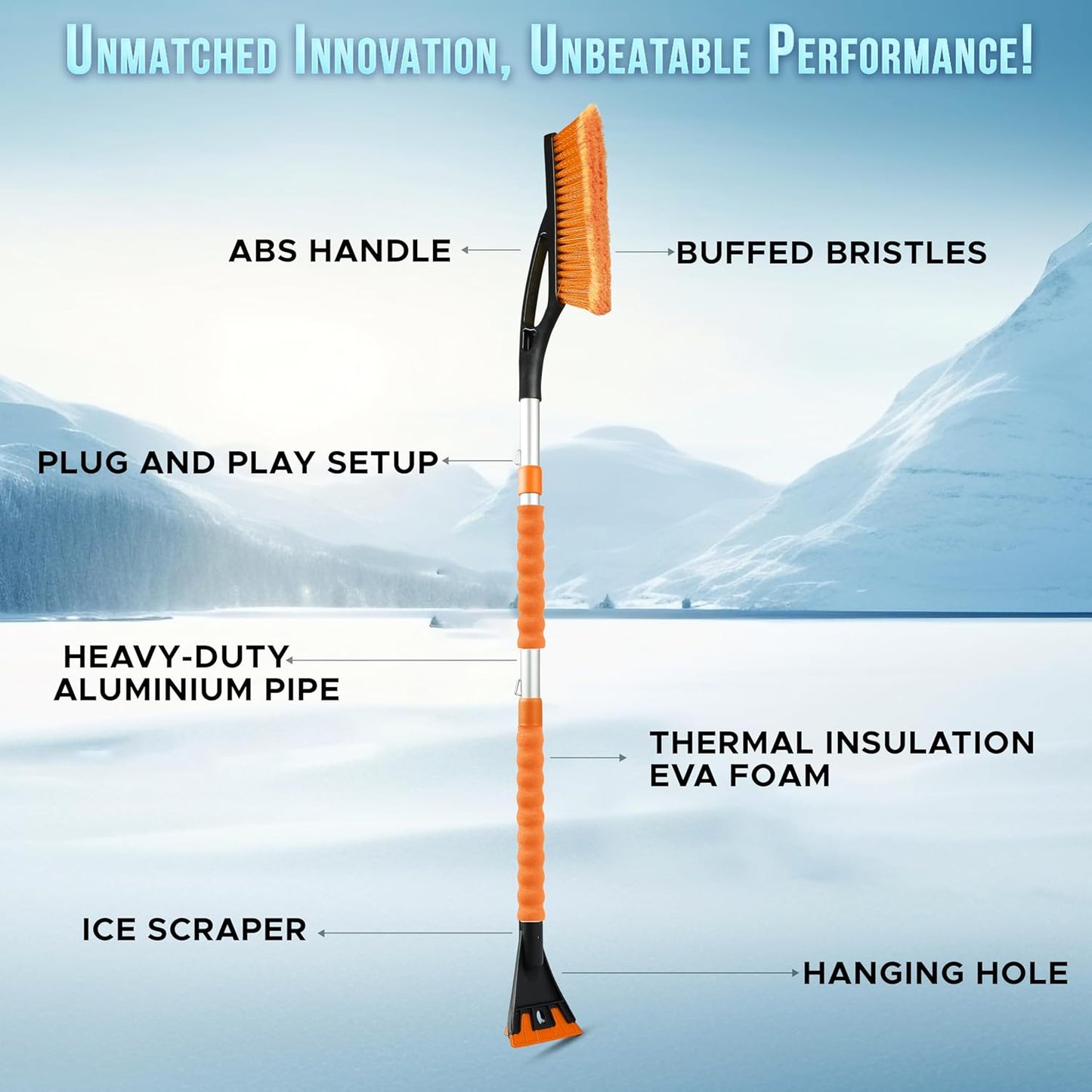 EcoNour 43" Ice Scrapers for Car Windshield Extendable | 3 Parts Detachable Telescopic Snow Brush for Car, Trucks, SUV | Long Snow Scraper with Brush | Car Winter Accessories (2 Pack)