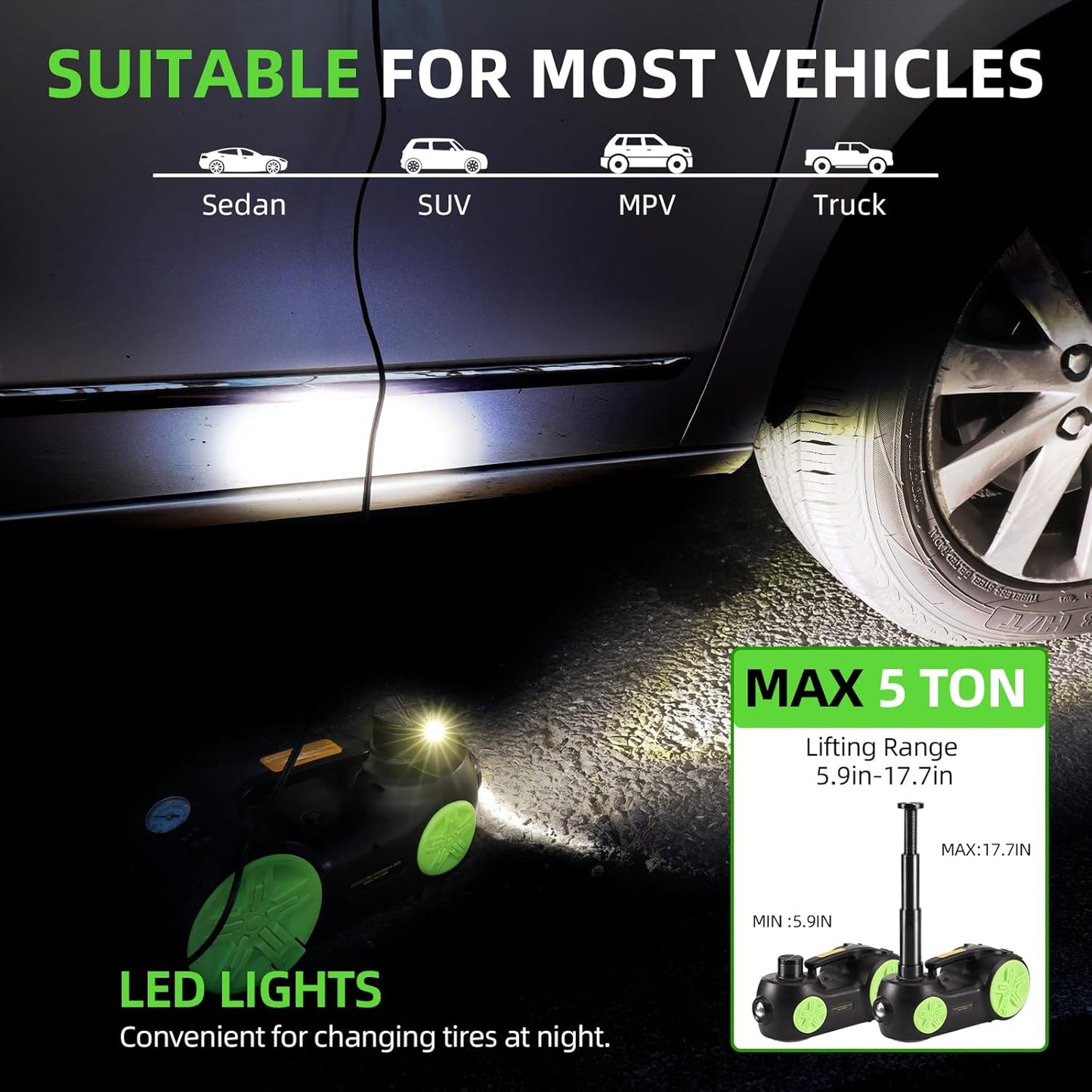 Electric Car Jack Set 5 in 1 Floor Jack Hydraulic Jack Kit 5 Ton Truck Tire Jack Lift with Integrated Tire Pump and Impact Wrench for SUV Truck Sedan Vehicle Roadside Emergency Tire Change