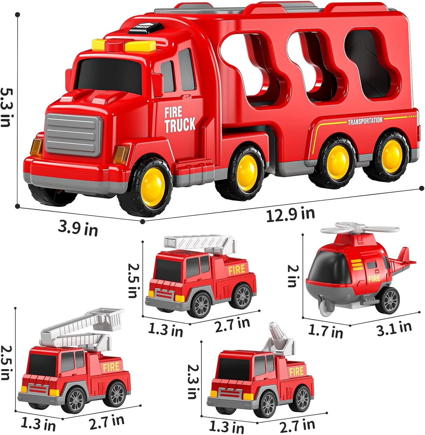TEMI Fire Toys for 3 4 5 6 Years Old Boys Girls - 5 in 1 Carrier Truck Transport for Toddlers 1-3, Friction Powered Vehicles for Kids 3-5, Christmas Birthday Gifts - Age 3-9