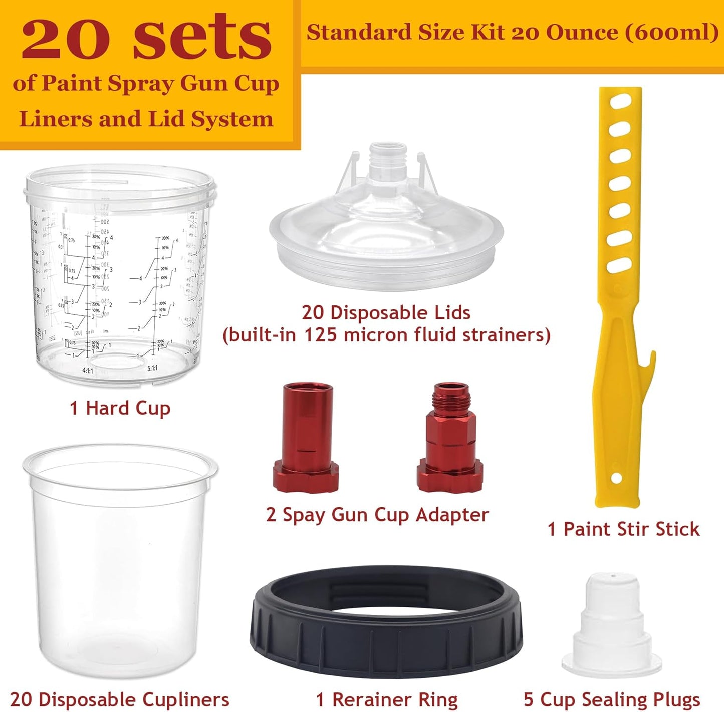 Disposable Paint Cup 20 Ounce (600 ml) Kit - 20 Paint Mixing Cups Liner, 20 Filter Lids, 2 Spray Gun Adapters, 5 Sealing Plugs, 1 Hard Cup，1 Sealing Ring, 1 Stirrer, for Car & DIY Painting