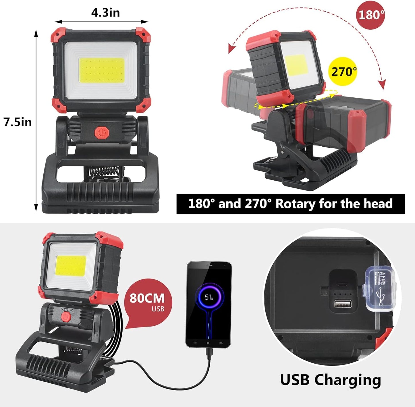 LED Rechargeable Work Light with Clamp, 2100LM Super Bright COB Magnetic Work Light with 3 Light Modes, 270° & 180° Rotation, Waterproof, Perfect for BBQ, Jobsite, Workshop, Car Repairing