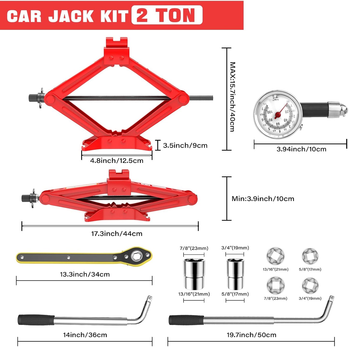 IMAYCC Car Jack Kit Scissor Jack for Car Spare Tire Changing Kit,Portable Tire Jack Repair Kit with Lug Wrench, Car Emergency Kit for Auto/SUV/MPV-2 Ton (4409 lbs) Red