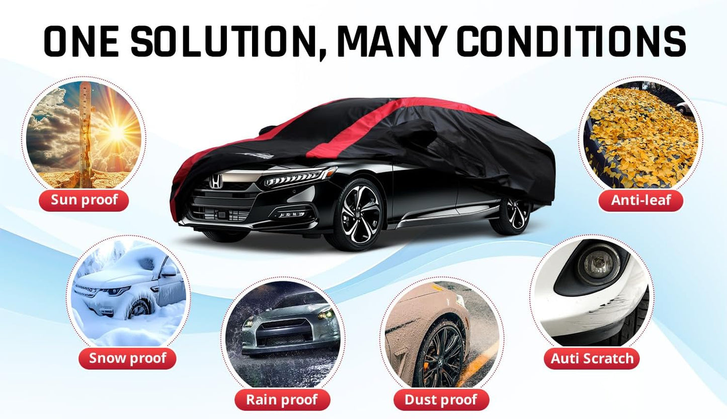 Honda Accord Car Cover Waterproof All Weather with Red Strip Design, Custom Fit for Honda Accord 1998–2025, Accord Accessory with Door Zipper & Windproof Straps