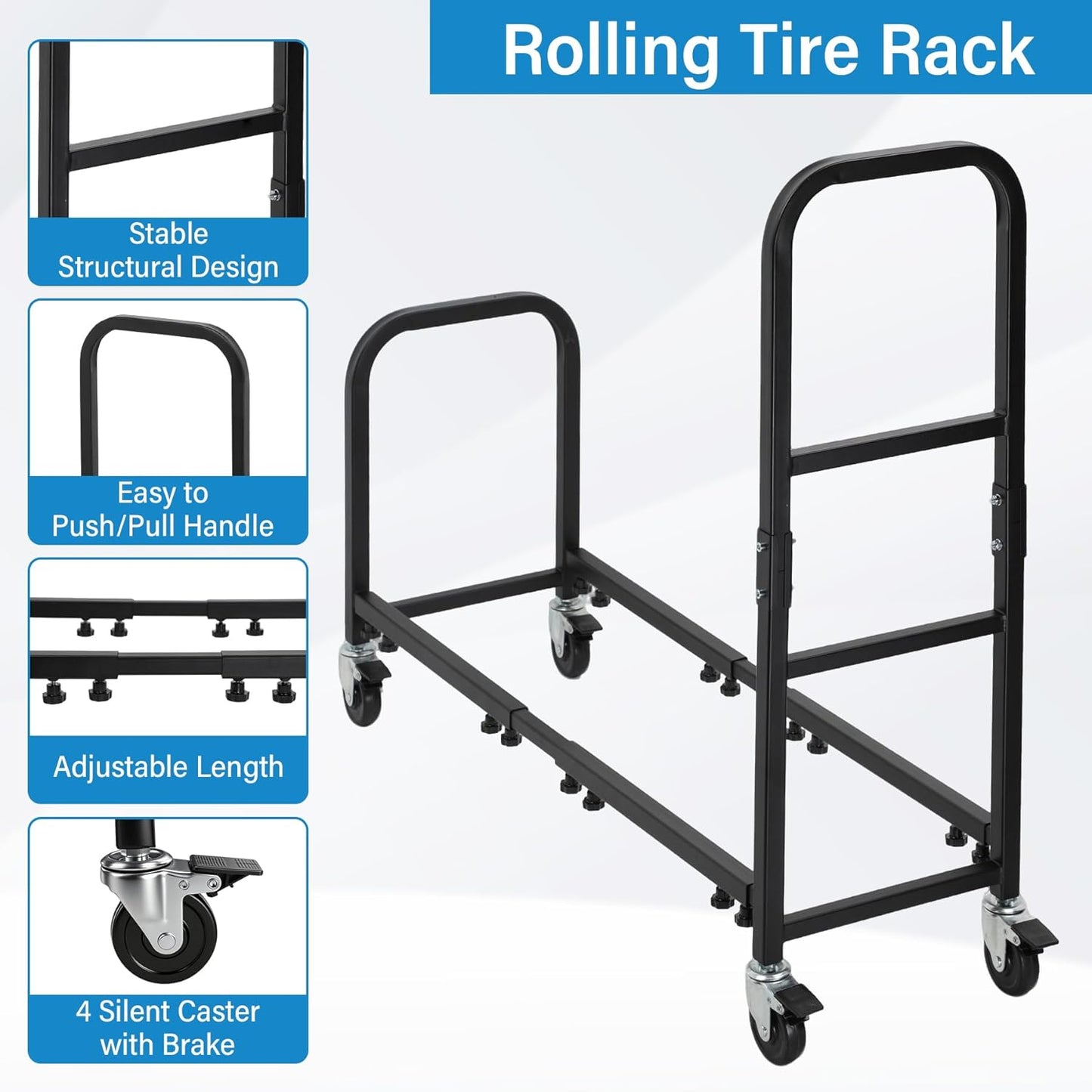 Rolling Tire Rack 43.5" x 13" x 37.4", 2 in 1 Metal Garage Tire Storage Rack w/4 Swivel Casters with Brake for Garage Storage