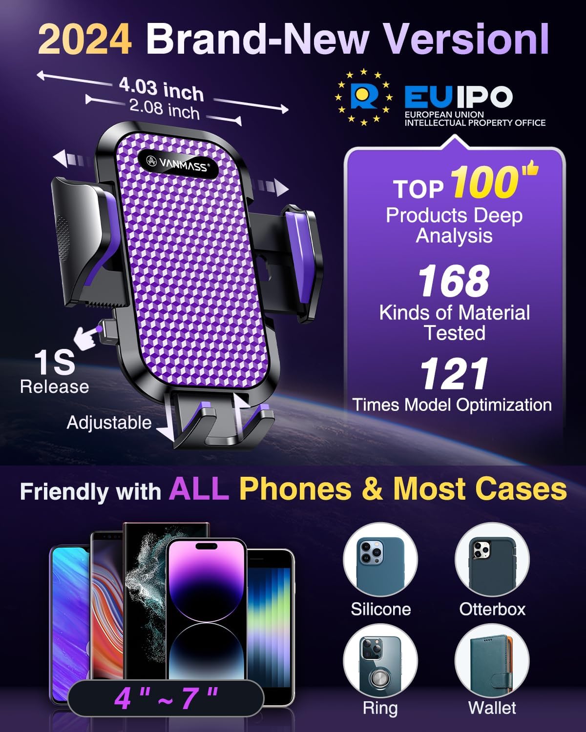 VANMASS [True Military-Grade] Car Phone Holder [Upgraded Suction & Clip] Cell Phone Mount for Dashboard Windshield Vent Truck Cradle Dash Stand for iPhone 16 Pro Max 15 14 13 12 Android, Purple