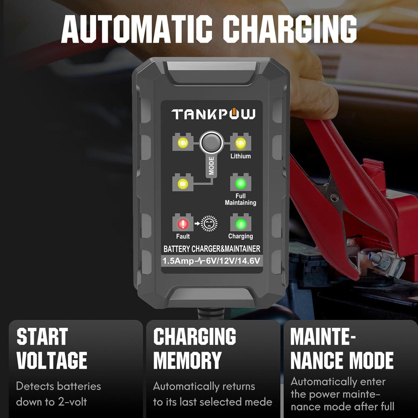 1.5-Amp Smart Car Battery Charger,6V and 12V Automotive Battery Charger Battery Maintainer,Trickle Charger,Float Charger for Cars,Motorcycle,ATV,AGM,Gel,Lithium and Deep Cycle Batteries