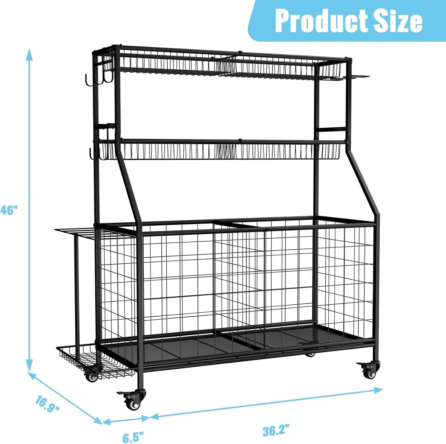 WUC Sports Equipment Organizer - Garage Ball Storage Rack with Basket, Hooks and Rolling Cart for Toy Sports Gear Storage, Black