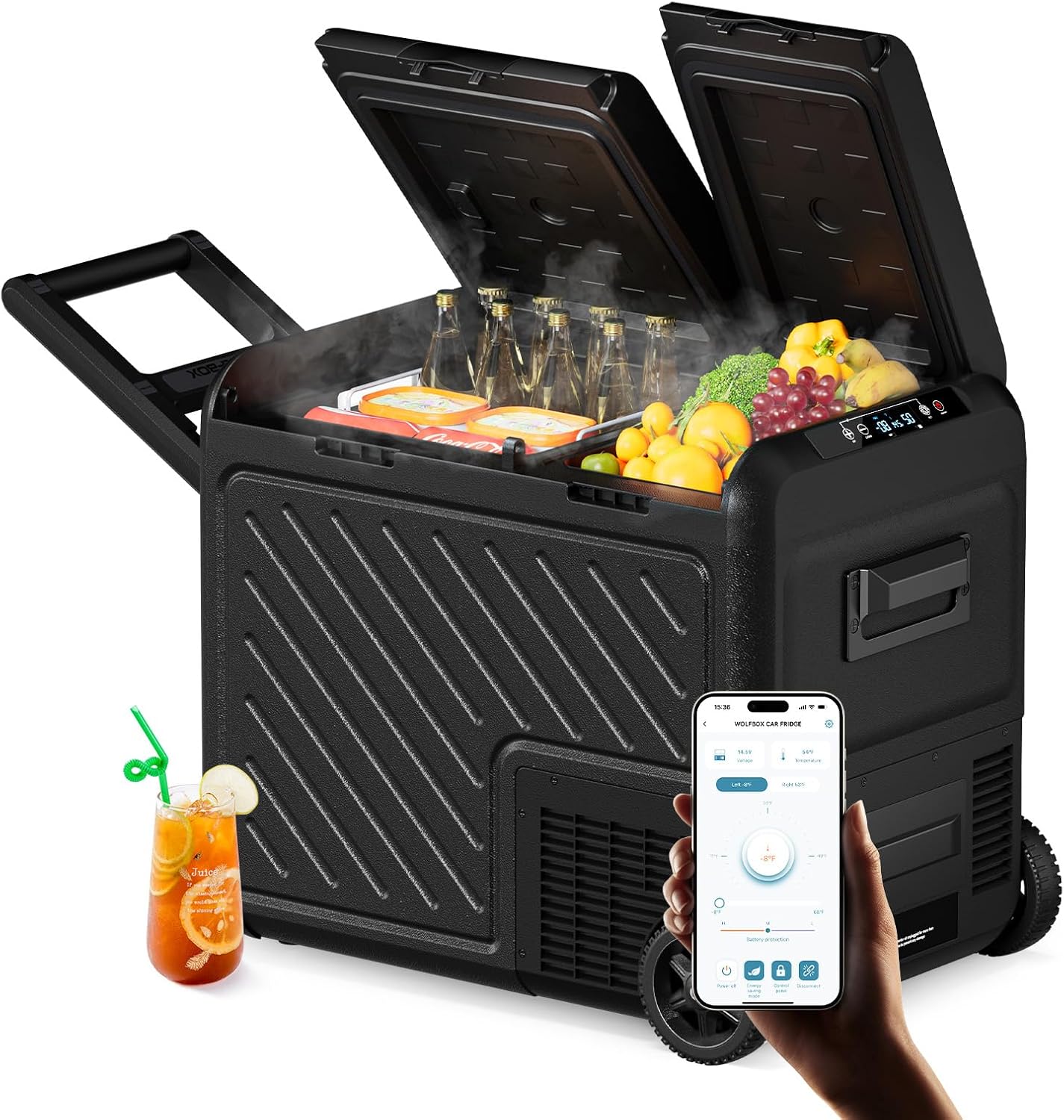 WOLFBOX 12V Car Refrigerator, 48 Quart Dual Zone Car Fridge, Portable Freezer(-8℉~68℉) with 12/24V DC 100/240V AC, APP Control Electric Cooler for Car, RV, Camping, Travel and Home Use
