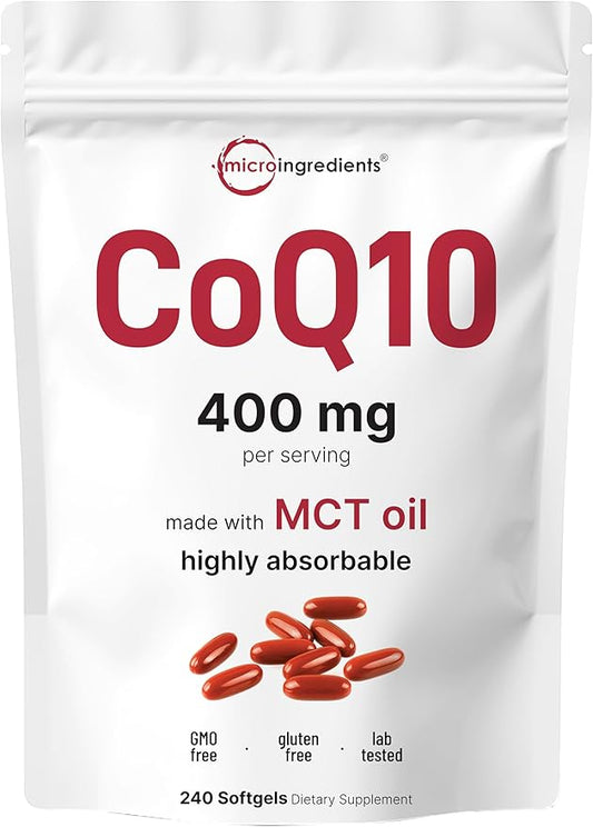Micro Ingredients CoQ10 400mg Per Serving | 240 Softgels with Coconut MCT Oil | High Absorption Coenzyme Q10 as Ubiquinone | Antioxidant Support for Heart & Energy Health | Non-GMO
