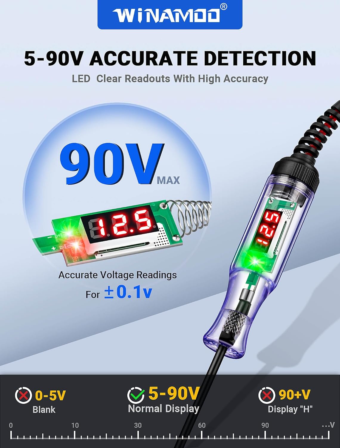 Test Light Automotive 5-90V Digital LED Circuit Tester with Voltage Display, Auto Bidirectional Voltage Tester, Electric Test Pen with Extended Spring Wire & Probe for Car RV Fuse Checker