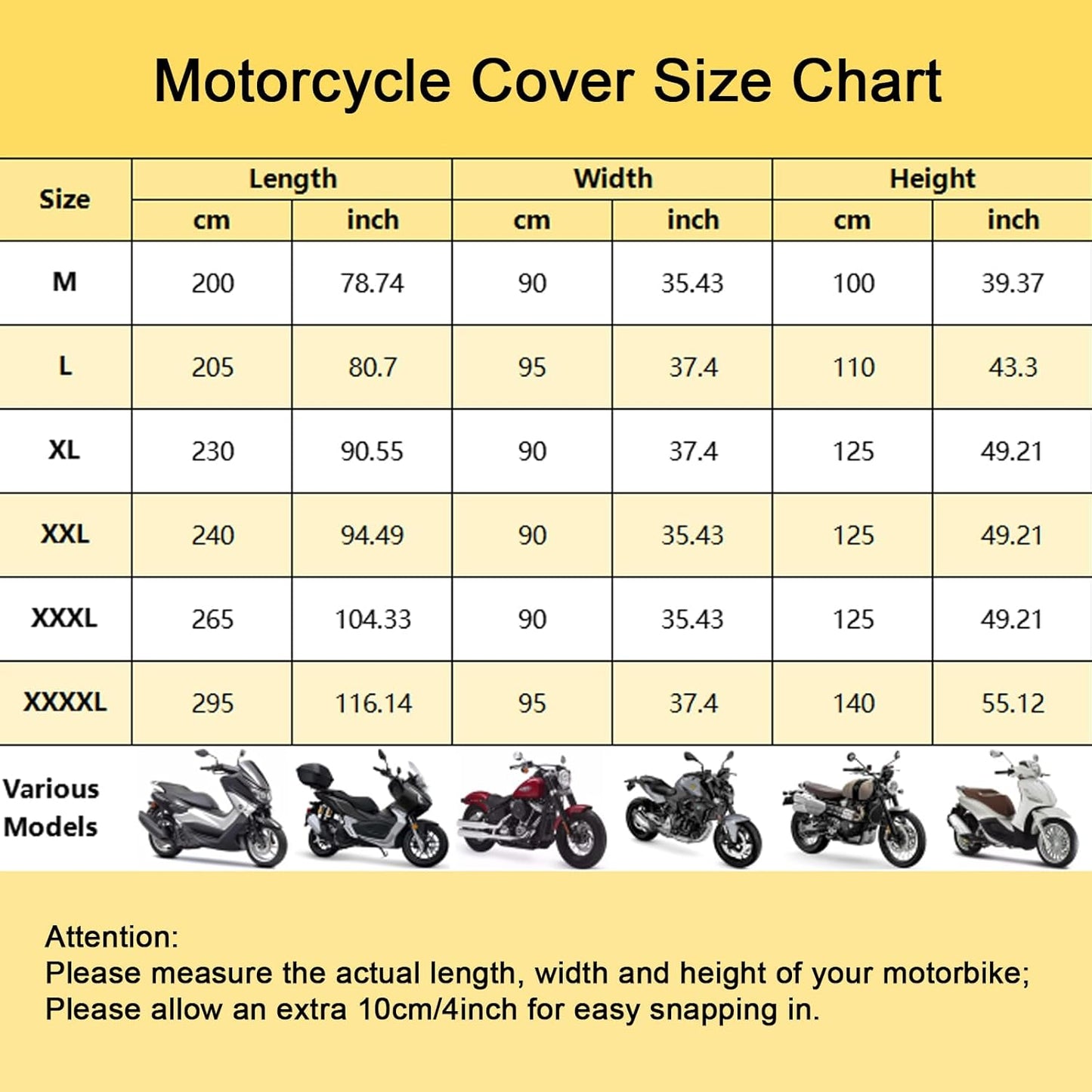 Motorbike Cover for Outside Storage, Waterproof Motorcycle Scooter Moped Cover Outdoor with 4 Reflective Strips and 2 Windproof Buckles, 2 Lock-Holes for Cruisers Sportbikes (2XL: 94 x 35 x 49 inch)