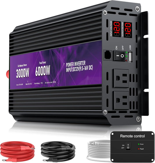 3000W Power Inverter,Peak Power 6000W 12V DC to AC 110V120V,Remote Control with 2AC Outlets and 2.4USB Port,LCD Display for Power Converter,Outdoor Activities,Emergency,Vehicles Truck RV Solar System