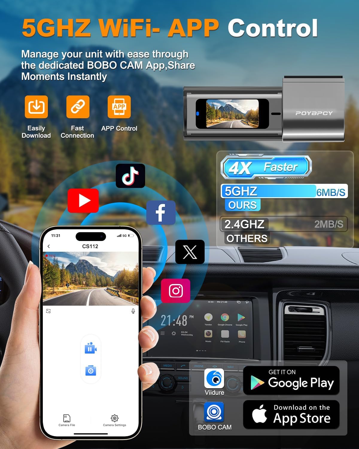 Dash Cam Front and Rear 4K, Built-in 5GHz WiFi with CPL, Dual Dashcams for Cars with 64GB Card, 24H Parking Mode, WDR, Ultra HD Night Vision, G-Sensor, Loop Recording, App Control, Support 256GB Max