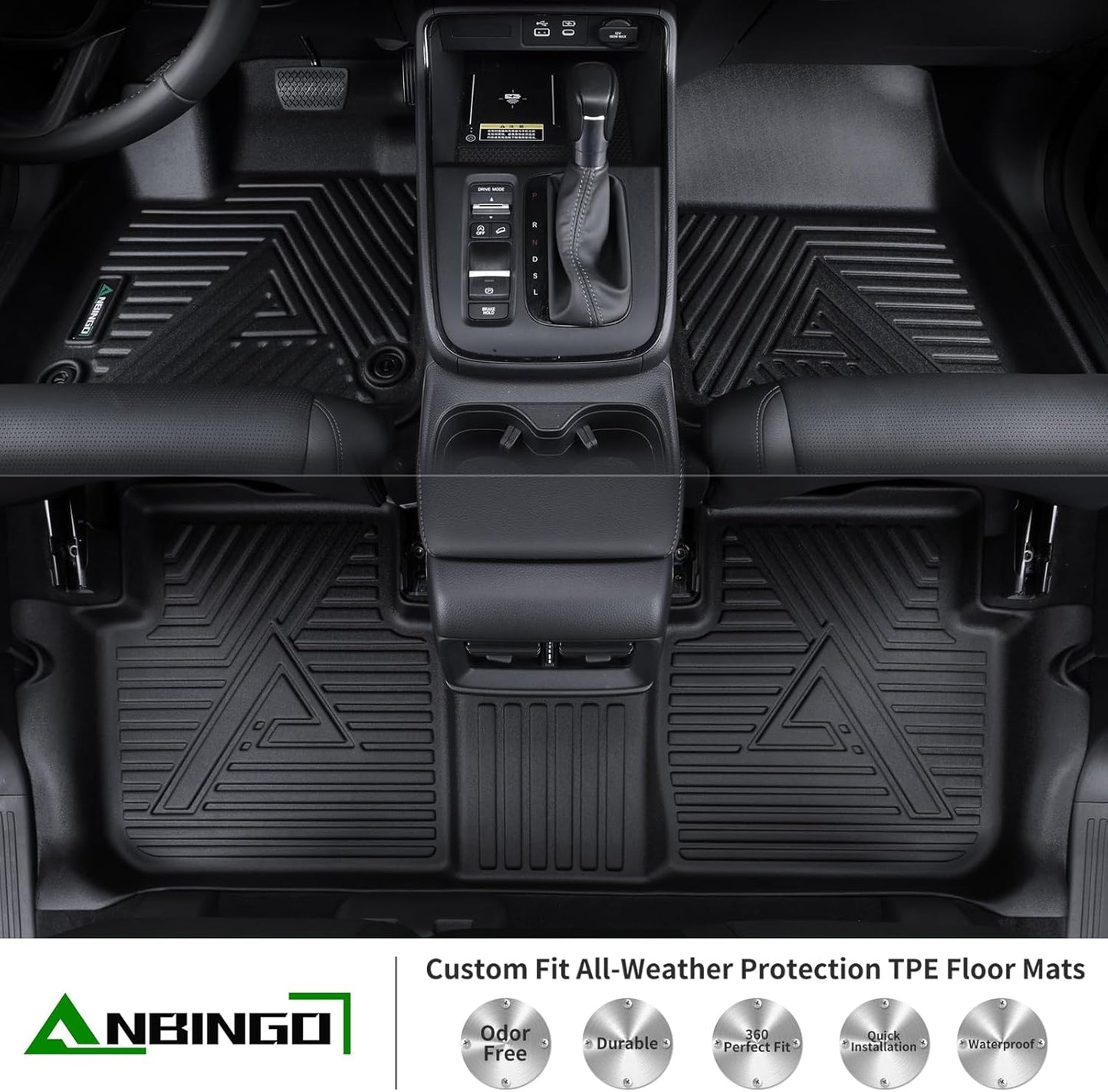 ANBINGO® Floor Mats for 2024 2025 Mazda CX-90 & CX90 PHEV (Plug in Hybrid) 8 Passenger | 2nd Row Bench Seat | All Weather TPE Car Mats Waterproof Non-Slip, 3-Rows, 4-PCS, Black