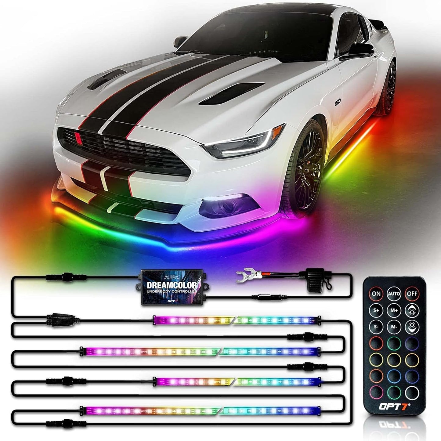 OPT7 Aura DreamColor Underglow Chasing Light Kit with APP & Remote Control, 4 PCS Flexible RGBIC LED Light Strips, Exterior Neon Accent Underbody Lights for Car Truck RV, Multi Colors Music Mode, 12V